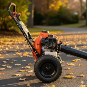 A side-profile view of a gas push leaf blower, showing its large wheels and ergonomic handle design for easy maneuverability across various terrains.