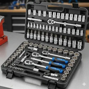A professional-grade socket wrench set, showcasing various sizes of sockets and ratcheting handles.
