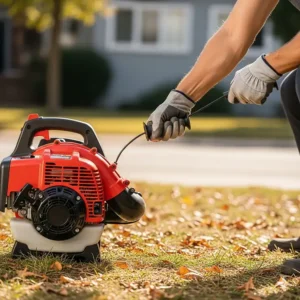 A person pulling the starter cord to start a 2-stroke leaf blower.