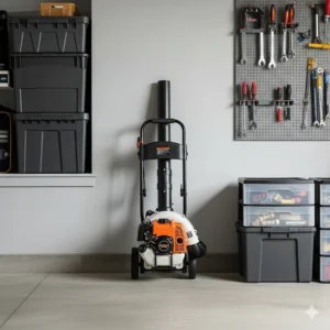An image of a gas push leaf blower neatly stored in a garage, demonstrating its compact size and easy storage when not in use.