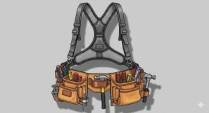 An illustration of a full suspender tool belt system, designed to distribute the weight of heavy tools across the shoulders and back.