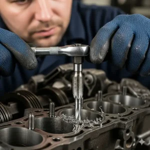 A mechanic using a tap and die set to repair a stripped bolt thread on an engine block, highlighting the tool's utility for automotive maintenance.