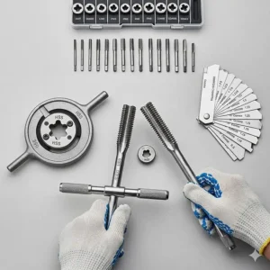 An illustration of a complete tap and die set, including a tap wrench, die stock, and thread pitch gauge, which are essential tools for precision work.