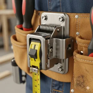 A specialized clip or holder on a tool belt for easy access and secure storage of a tape measure.