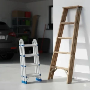 A comparison shot showing a telesteps ladder next to a traditional ladder, emphasizing its space-saving design.