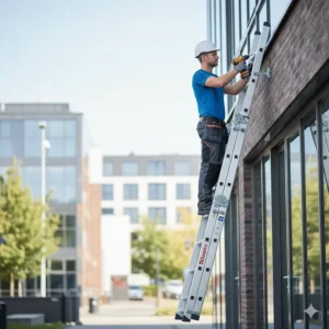 A person safely working on a tall building, standing on an extended telesteps ladder.