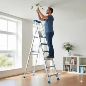 A homeowner using a telesteps ladder to change a lightbulb indoors.