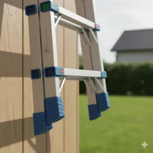 A detailed shot highlighting the safety features of a telesteps ladder, including its wide feet and locking mechanisms.