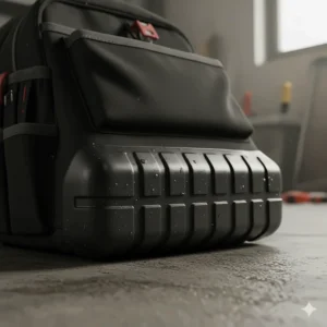 A shot of the durable, molded rubber base of the backpack, which protects tools from wet or rough surfaces.