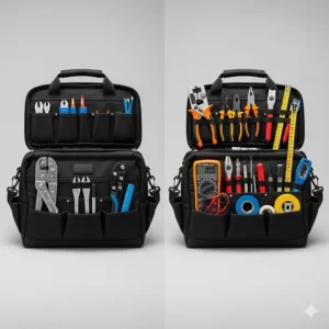 A side-by-side comparison of an empty tool bag and the same bag fully packed with electrician's tools, highlighting its storage capacity.