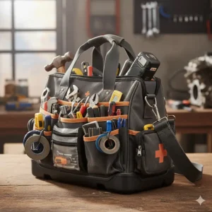 Detailed image of the numerous internal and external pockets and pouches designed to organize a variety of tools in the biggest tool bag.