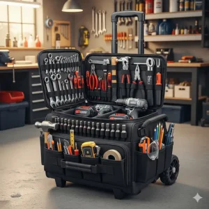 A fully loaded tool bag roller, showing how it comfortably carries a complete set of tools and equipment.