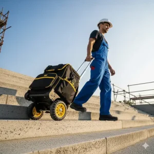 A worker effortlessly pulling a rolling tool bag up a flight of stairs, demonstrating its maneuverability.