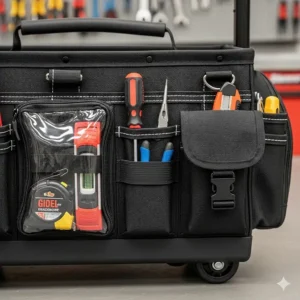 The side of a tool bag roller, showing secure exterior pockets for quick access to frequently used tools.