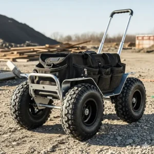 Heavy-duty, all-terrain wheels on a tool bag roller designed to handle rough job site conditions.