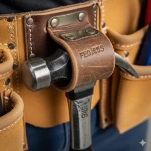 A close-up of a sturdy hammer loop on a framer's tool belt, holding a framing hammer securely in place.