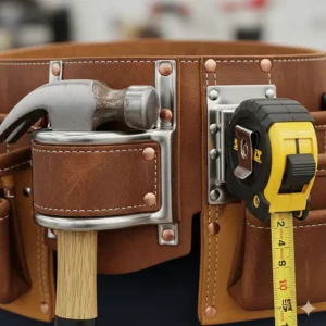An image focusing on the metal hammer loop and tape measure clip on a professional-grade leather tool belt, important features for electricians.