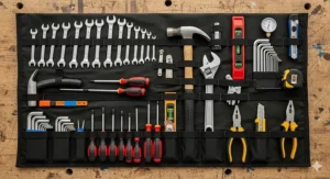 An overhead view of a fully stocked roll up tool bag with an assortment of common mechanic's and DIY tools in their dedicated slots.