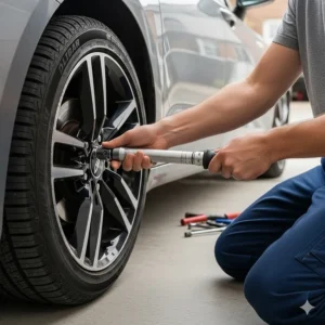 A person using a torque wrench to tighten a lug nut on a car tire, ensuring proper torque specifications.