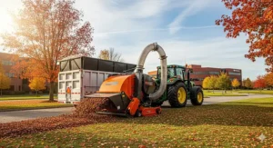 A large tow-behind commercial leaf vacuum is attached to a tractor, effectively clearing leaves from a large commercial property.