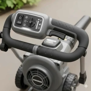 A detailed view of the user-friendly design of a top-rated rolling leaf blower, highlighting its ergonomic handle and easy-to-reach controls for comfortable operation.