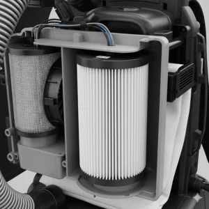 A close-up shot of a HEPA filtration system inside a backpack vacuum cleaner. This illustrates the advanced air purification technology that traps dust and allergens for improved air quality.