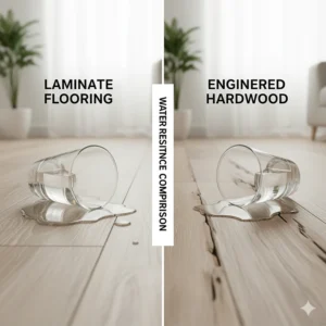 Illustration comparing the superior water resistance of quality laminate versus traditional engineered hardwood when exposed to moisture.