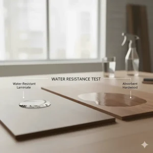 A small spill demonstrating the superior water resistance of high-quality laminate flooring over natural wood.