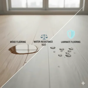 Visual representation of a water resistance test, showing how the wear layer on laminate flooring protects the core, unlike wood flooring.