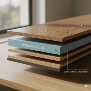 Close-up detail showing the multi-layered, waterproof core construction of engineered hardwood planks.