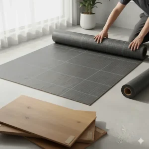 Proper underlayment being installed beneath waterproof engineered hardwood to enhance moisture barrier and sound reduction.