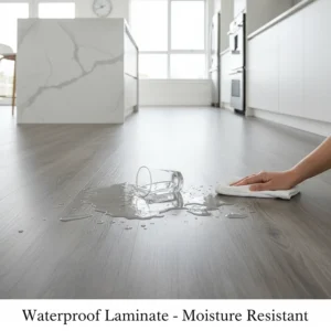 Modern kitchen with waterproof laminate flooring, highlighting its moisture resistance.