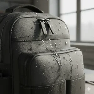A close-up shot of the durable, waterproof fabric and heavy-duty stitching on a professional tool backpack.