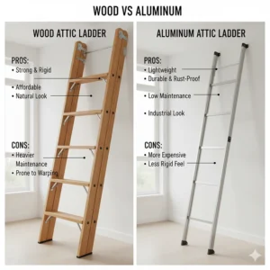 A comparison chart showing the pros and cons of wood and aluminum attic ladders, focusing on durability and weight.