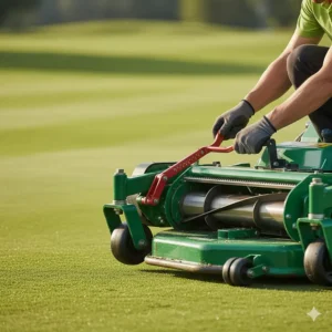 An operator demonstrating how to quickly adjust the cutting height on a modern riding reel mower.