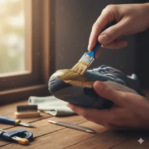 Applying contact cement, a recommended type of best glue for shoe soles, to both surfaces.