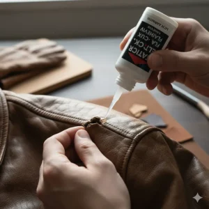 Close-up of someone carefully applying a flexible, strong glue for leather to mend a tear on a brown leather jacket.
