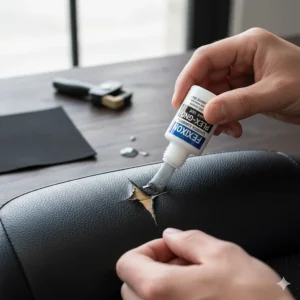 Applying leatherette adhesive to a vinyl tear with a small brush before clamping.