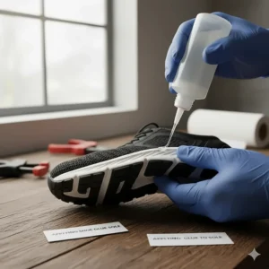 Step-by-step image showing the correct application of the best glue for sneakers to a detached running shoe sole.