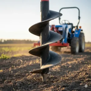 Detailed image of a sharp 12-inch auger bit for a tractor-mounted post hole digger.