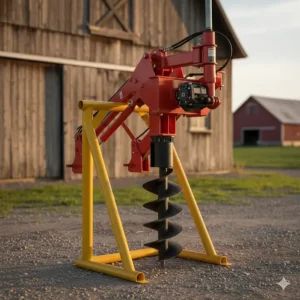 An adjustable storage stand for safely parking and mounting a 3 point post hole digger attachment.