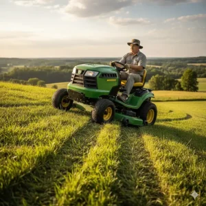 An operator maneuvering the all wheel drive lawn mower across a challenging side slope.