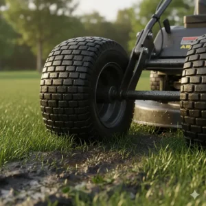 Close-up showing the all-wheel drive tires and strong traction on damp terrain.
