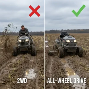 Side-by-side comparison illustrating a 2WD vs. an all wheel drive lawn mower handling mud.