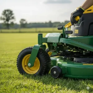 Image of the cutting deck and adjustable height settings on an all wheel drive lawn mower.