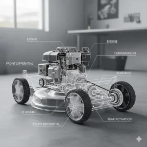 Schematic view of the powerful all wheel drive lawn mower engine and drivetrain system.