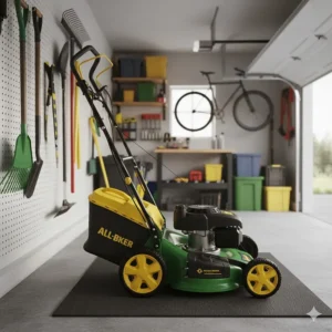 An all wheel drive lawn mower folded and stored neatly in a small garage space.