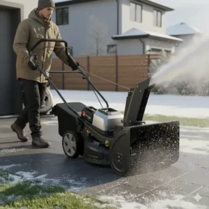 An operator easily pushing the battery-powered snow blower attachment to clear a sidewalk of fresh powder.