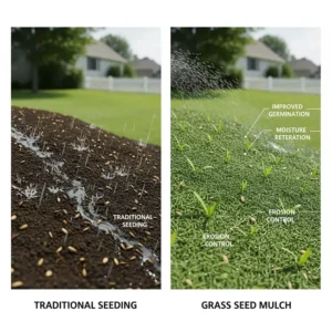 Diagram illustrating the benefits of grass seed mulch, including erosion control and improved growth.