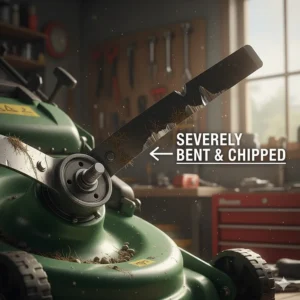 Close-up of a severely bent or chipped lawn mower blade indicating the need for immediate replacement.